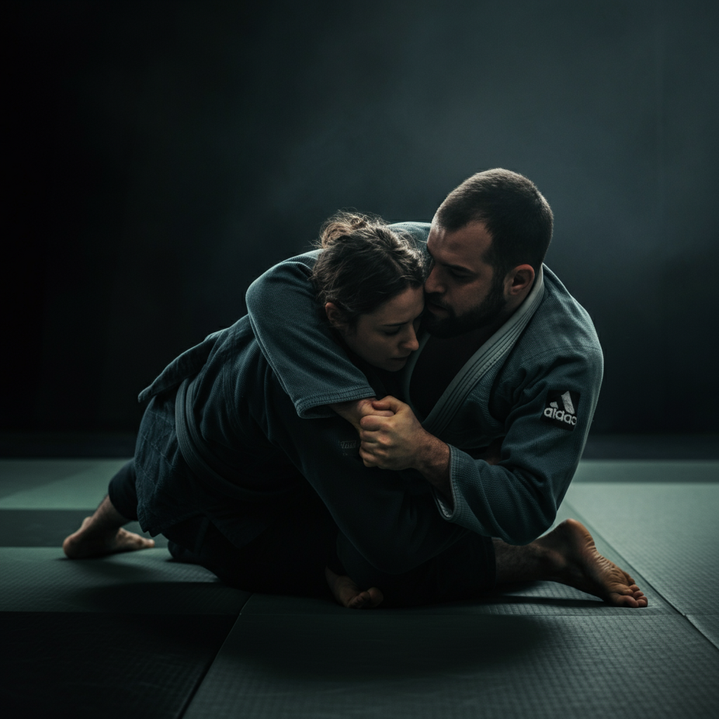Two people grappling on a mat. One is significantly larger and has the other pinned. Grainy texture, low-key lighting emphasizing the struggle.