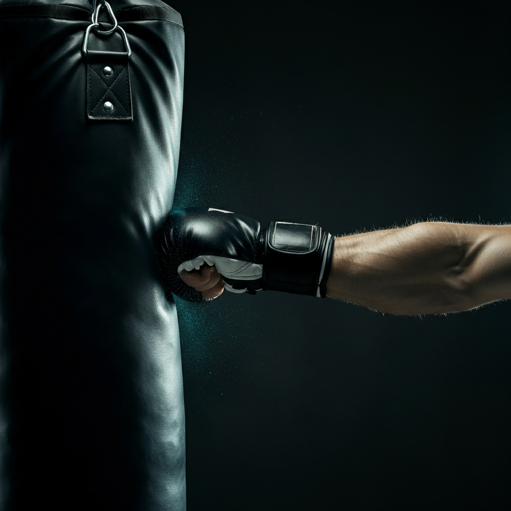 A close-up of a hand striking a punching bag at solar plexus height. The fist is clenched, and the bag is slightly deformed from the impact. Dramatic, focused lighting.