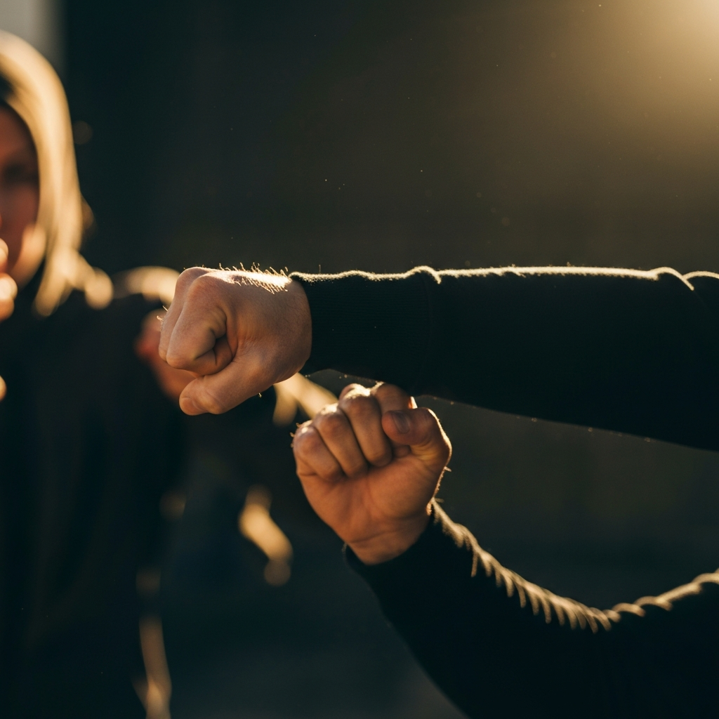 Blurred motion of a fist connecting with a jaw. The background is dark and indistinct. The focus is on the point of impact. Fast shutter speed to capture the motion.
