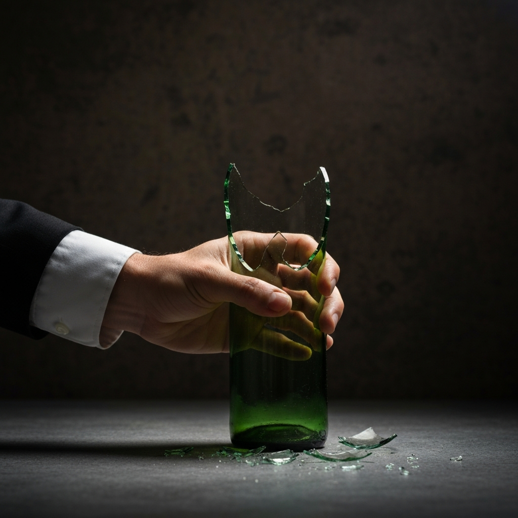 A hand holding a broken bottle defensively. The light catches the shards of glass. The background is dark and gritty.
