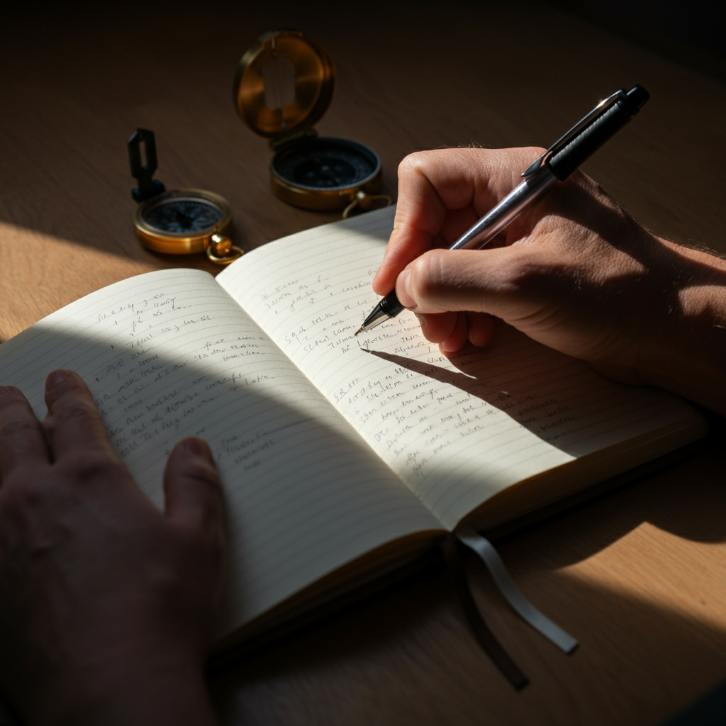 A close-up of a hand writing in a travel journal. The journal is open to a page with handwritten notes about a recent hike. Sunlight filters through the pages, highlighting the texture of the paper and the pen's ink. A small compass sits beside the journal, adding a touch of adventure.