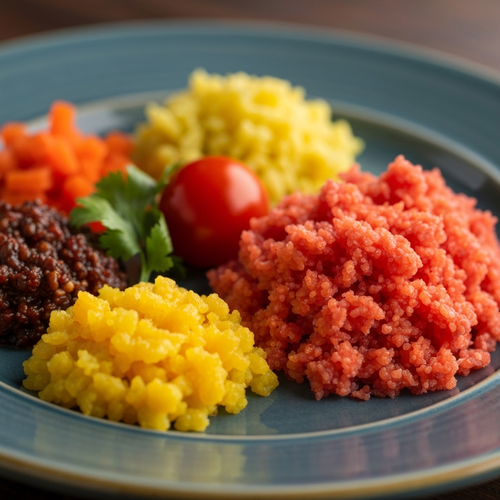 A close-up of a plate of colorful local cuisine. The food is presented artfully, and the image uses shallow depth of field to highlight the textures and colors of the ingredients. Soft, diffused lighting creates a warm and inviting atmosphere.