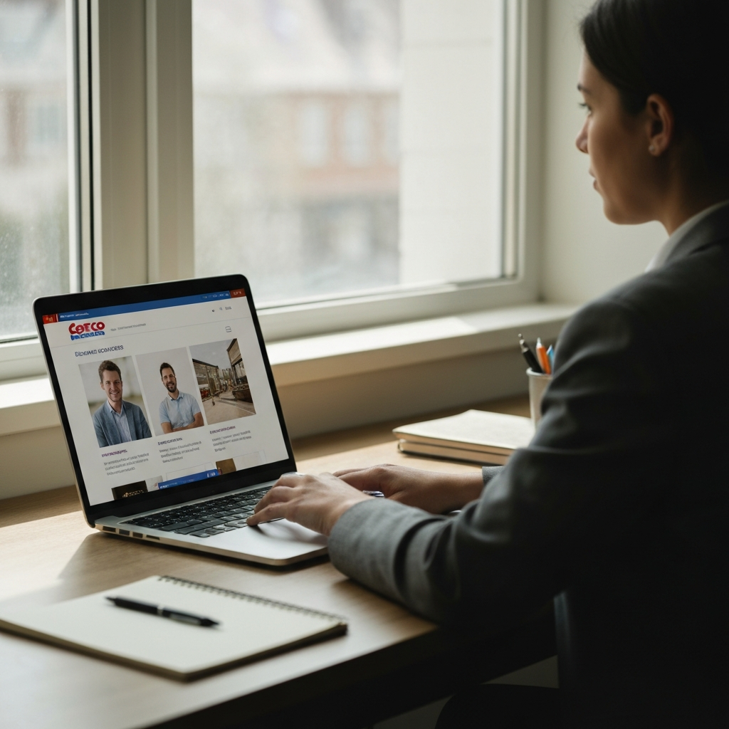 A person using a laptop at a desk, illuminated by soft natural light from a nearby window, focusing on the Costco careers website. The desk is clean and organized with a notepad and pen.