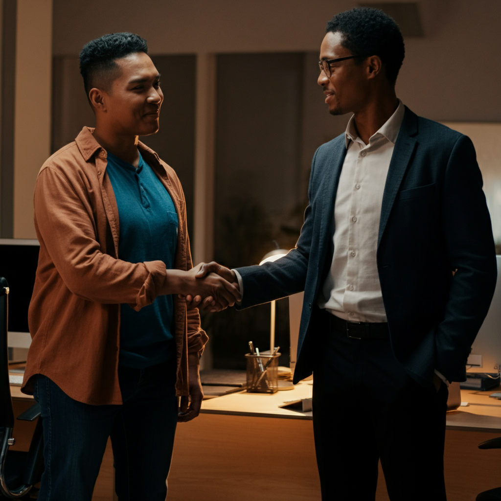 A professional office setting, featuring a person in a business casual outfit shaking hands with their former manager. Soft, diffused lighting emphasizes the warm interaction between them.