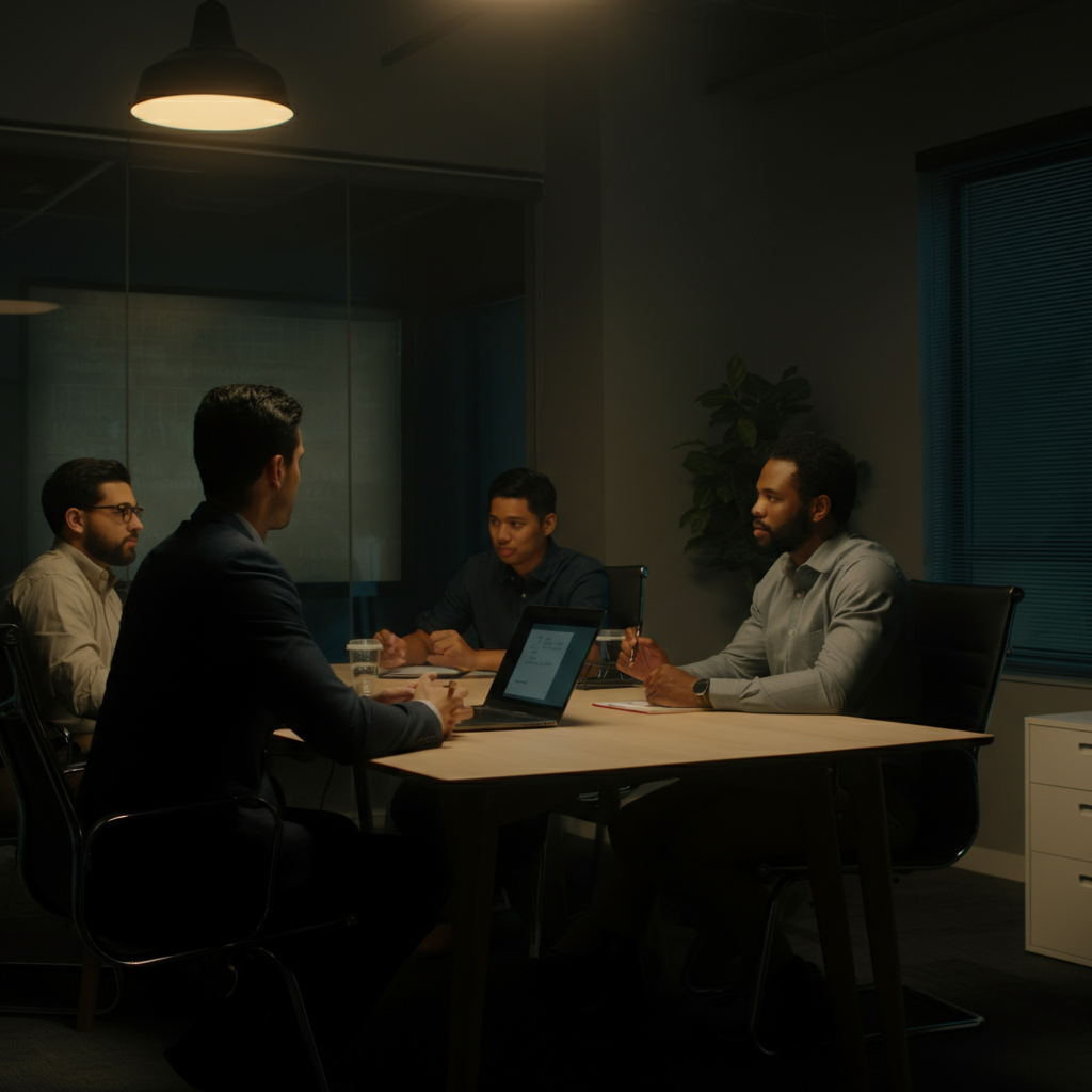 A brightly lit office room featuring three candidates sitting around a table with two Costco HR representatives, engaged in a group interview. The atmosphere is professional yet relaxed.