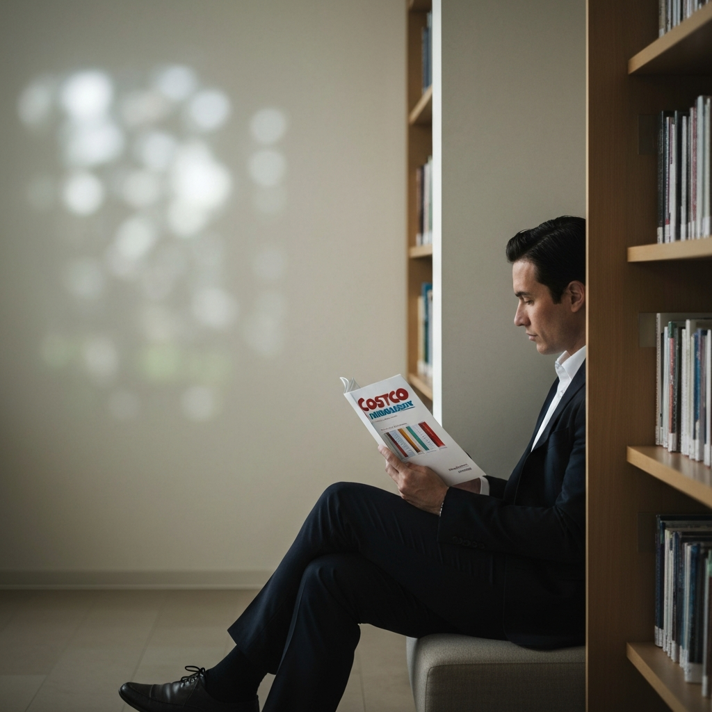 A person in a professional outfit reading a Costco annual report, sitting in a quiet corner of a library. Soft bokeh in the background highlights the focus on research and preparation.