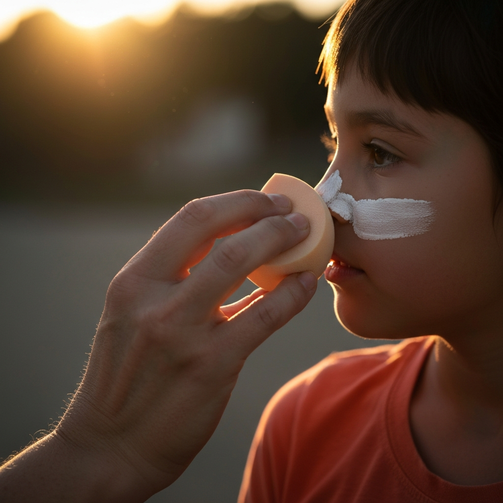 Hand holding a makeup sponge gently dabbing a layer of white face paint on a child's cheek. Focus is on the texture of the sponge and the smooth application of the paint. Backlighting creates a soft halo around the hand and sponge.