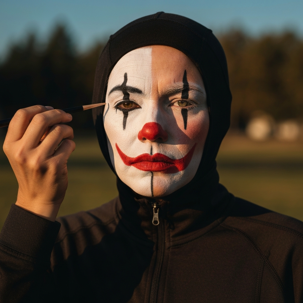 A person is in the middle of having clown makeup applied. One half of their face has been completed with wide white circles around the eyes and mouth, rosy red cheeks, and black lines above and below the eyes. The other half of their face is still bare.