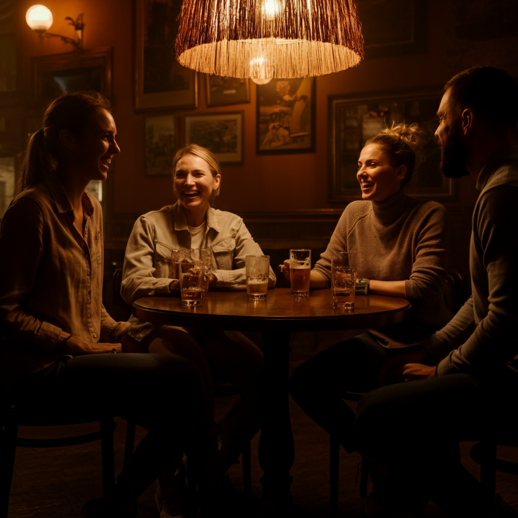 A dimly lit bar with four friends sitting at a round table. They are laughing and gesturing animatedly as they reminisce about a past event. Soft, warm lighting creates a cozy atmosphere, highlighting the camaraderie between the friends.