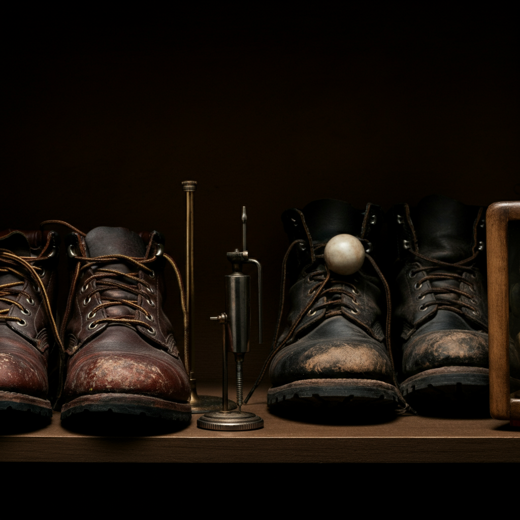 A close-up shot of four distinct objects placed on a shelf, each representing a different personality: a witty book, a scientific instrument, a child's toy, and a pair of worn work boots. Side-lit textures emphasize the wear and tear on each object, suggesting a rich history.