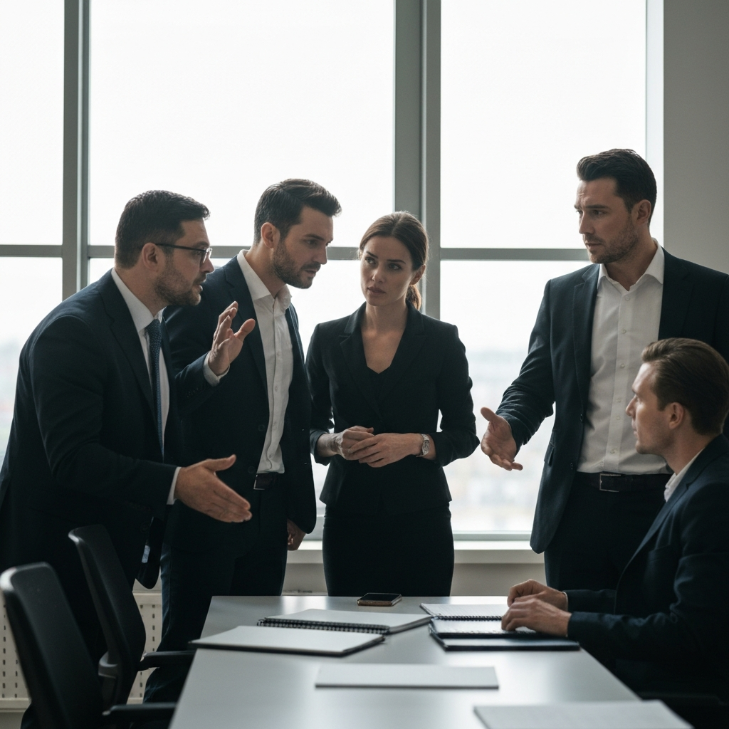 Four people in a professional office setting are engaged in a heated discussion. Body language is tense, but their facial expressions suggest they are trying to find common ground. Natural light from a large window highlights the intensity of the moment.