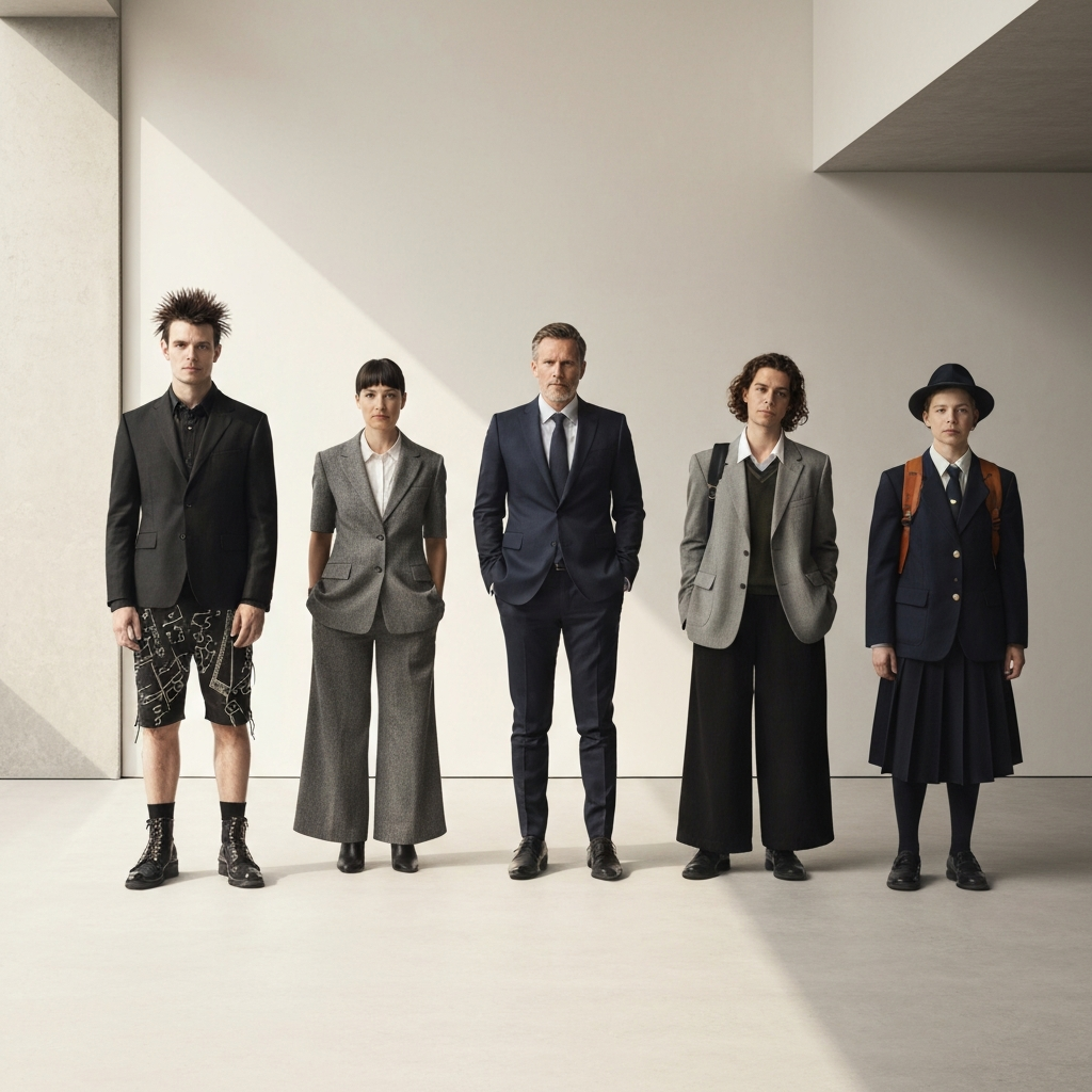 Four diverse figures standing against a neutral backdrop. Each figure has a unique and well-defined style – perhaps a punk rocker, a sophisticated professional, a bohemian artist, and a preppy student. Soft, even lighting ensures all figures are clearly visible and their attire is easily discernible.