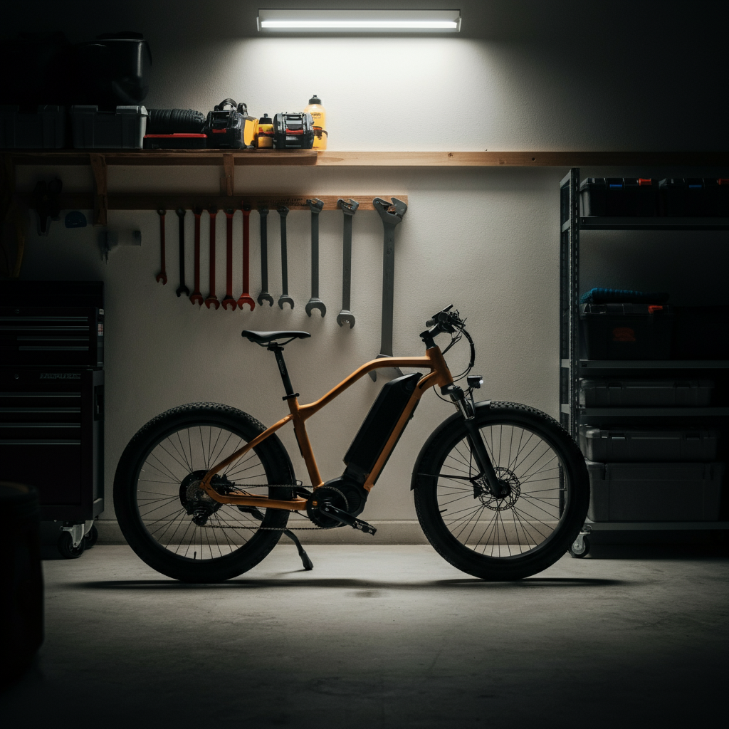 A well-organized garage with an e-bike parked against the wall, illuminated by soft overhead lighting. Tools and storage containers are neatly arranged in the background, creating a clean and functional space.
