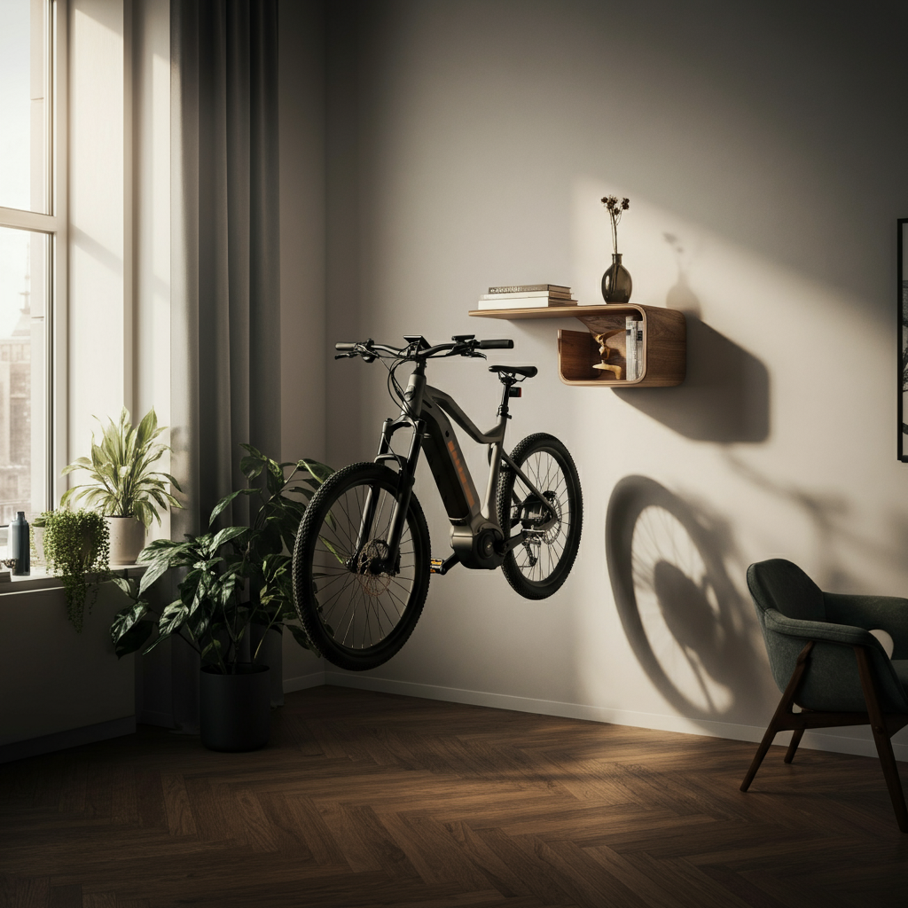A modern apartment interior with an e-bike mounted on a stylish wall rack. Soft, natural light filters through a nearby window, highlighting the bike's frame and components. Indoor plants add a touch of nature to the scene.