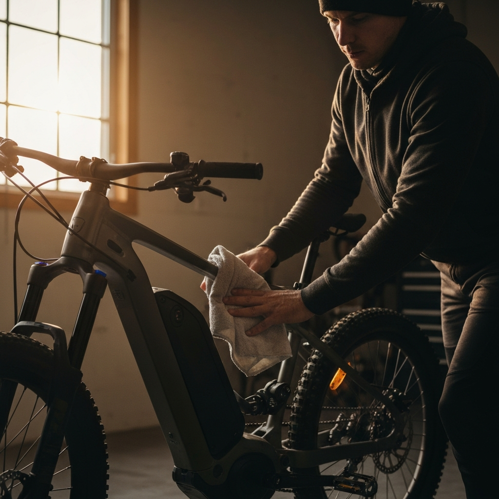 A person wiping down the frame of an e-bike with a soft cloth. The garage background is slightly blurred, focusing attention on the bike and the cleaning process. Soft lighting from a nearby window illuminates the scene.