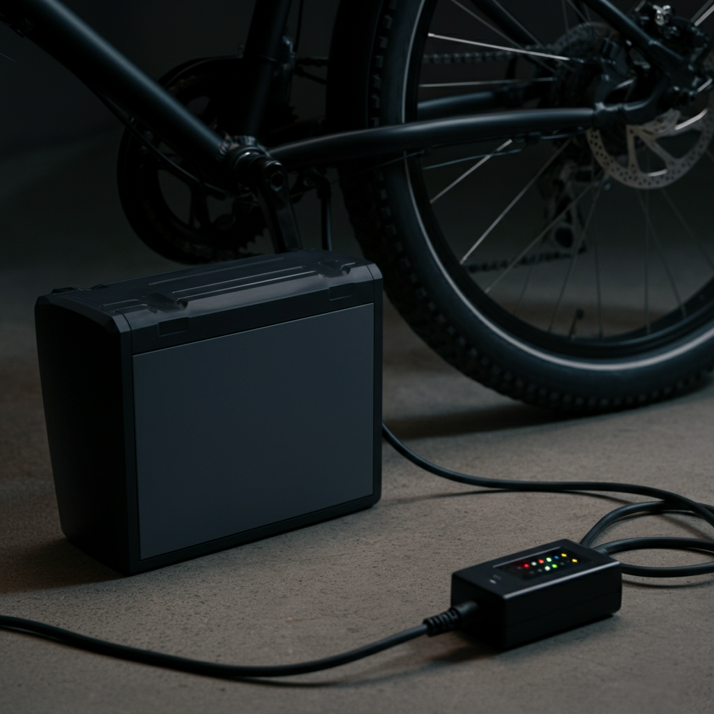 An e-bike battery resting on a concrete floor, connected to its charger. The charger's LED indicators are visible, showing the charging status. The scene is well-lit, with a focus on safety and proper charging procedures.