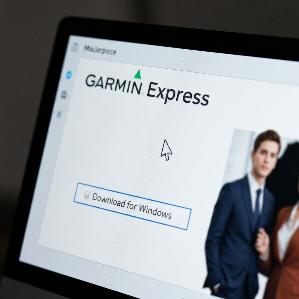Close-up of a computer screen displaying the Garmin Express download page, with a mouse cursor hovering over the "Download for Windows" button. Soft, diffused lighting enhances the screen's texture.