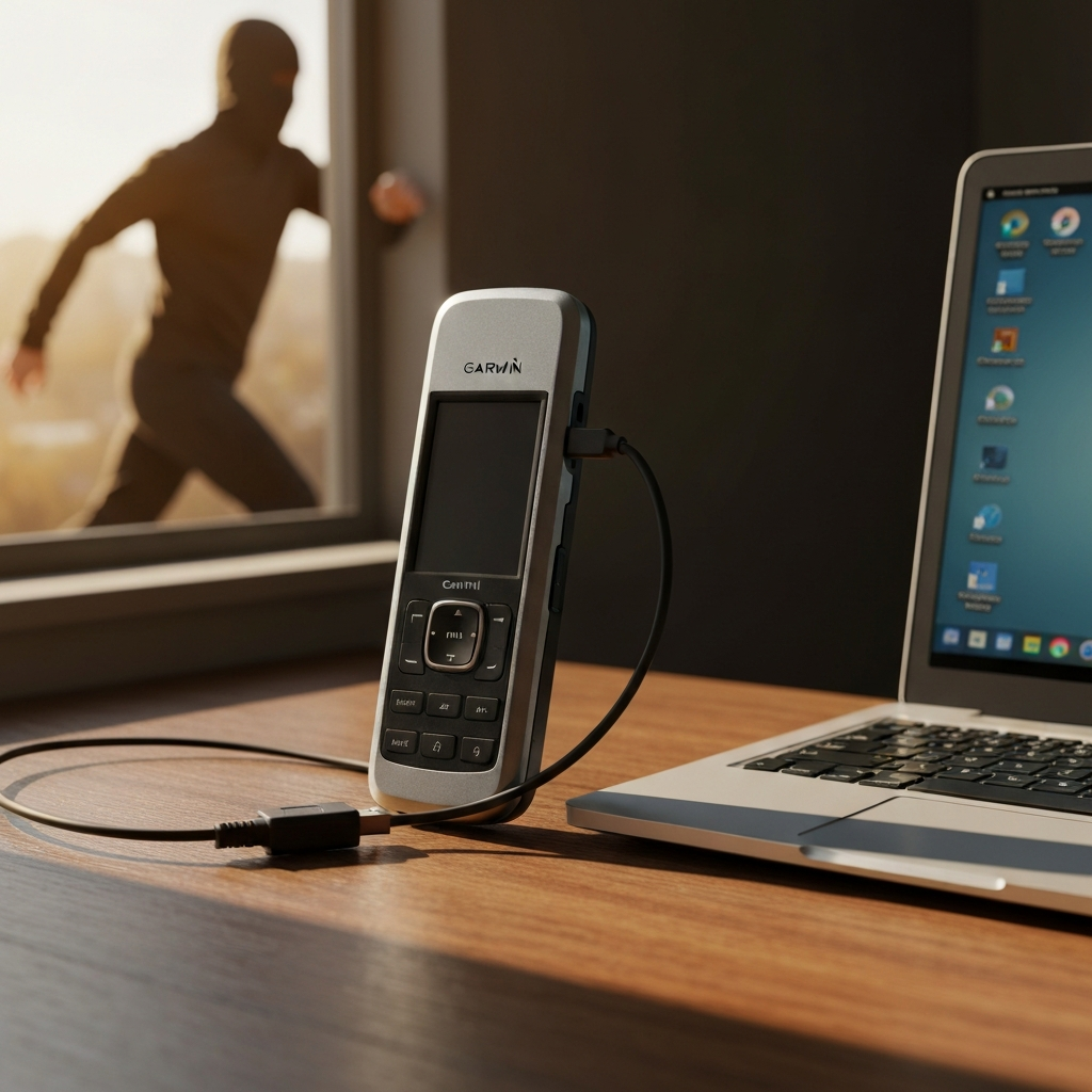 A silver Garmin Nuvi connected to a laptop via a USB cable on a wooden desk. Natural sunlight streams in from a window, highlighting the device and cable. The laptop screen displays a generic desktop.
