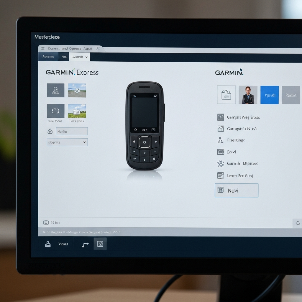 Close-up of the Garmin Express software interface on a monitor, showcasing a connected Garmin Nuvi device. The interface is well-lit, with a clean and professional design.