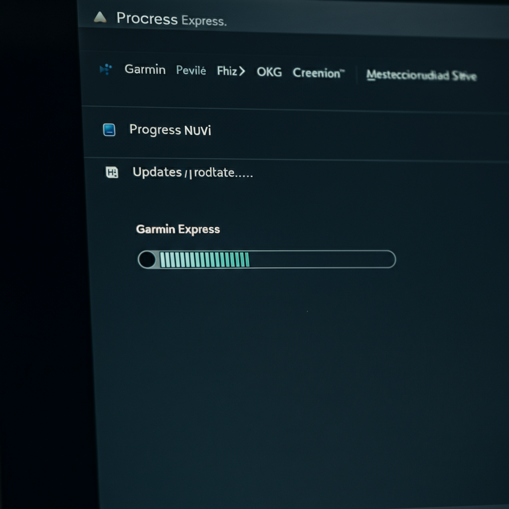A progress bar on a computer screen indicating the progress of a Garmin Nuvi update within Garmin Express. The screen is softly lit, with a shallow depth of field to focus on the progress bar.