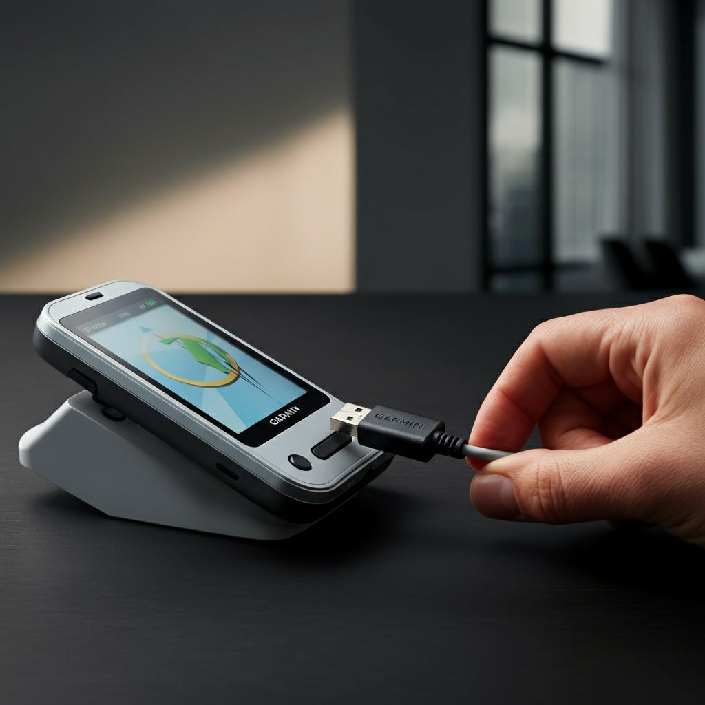 A hand carefully disconnecting a USB cable from a Garmin Nuvi. The background is a blurred office setting, emphasizing the act of disconnecting the device.