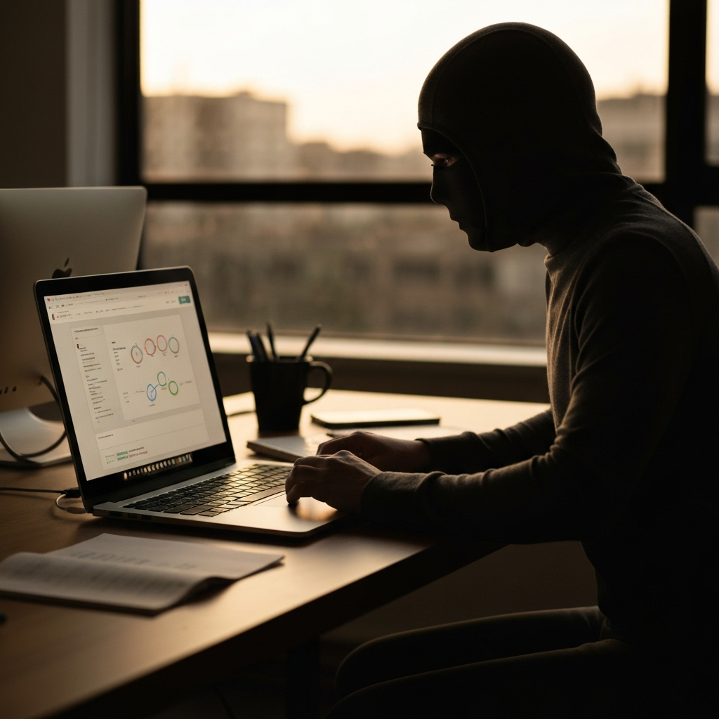 A person researching OpenStreetMap on a computer. The laptop is set on a desk with other office supplies, and the screen is illuminated with a soft glow.