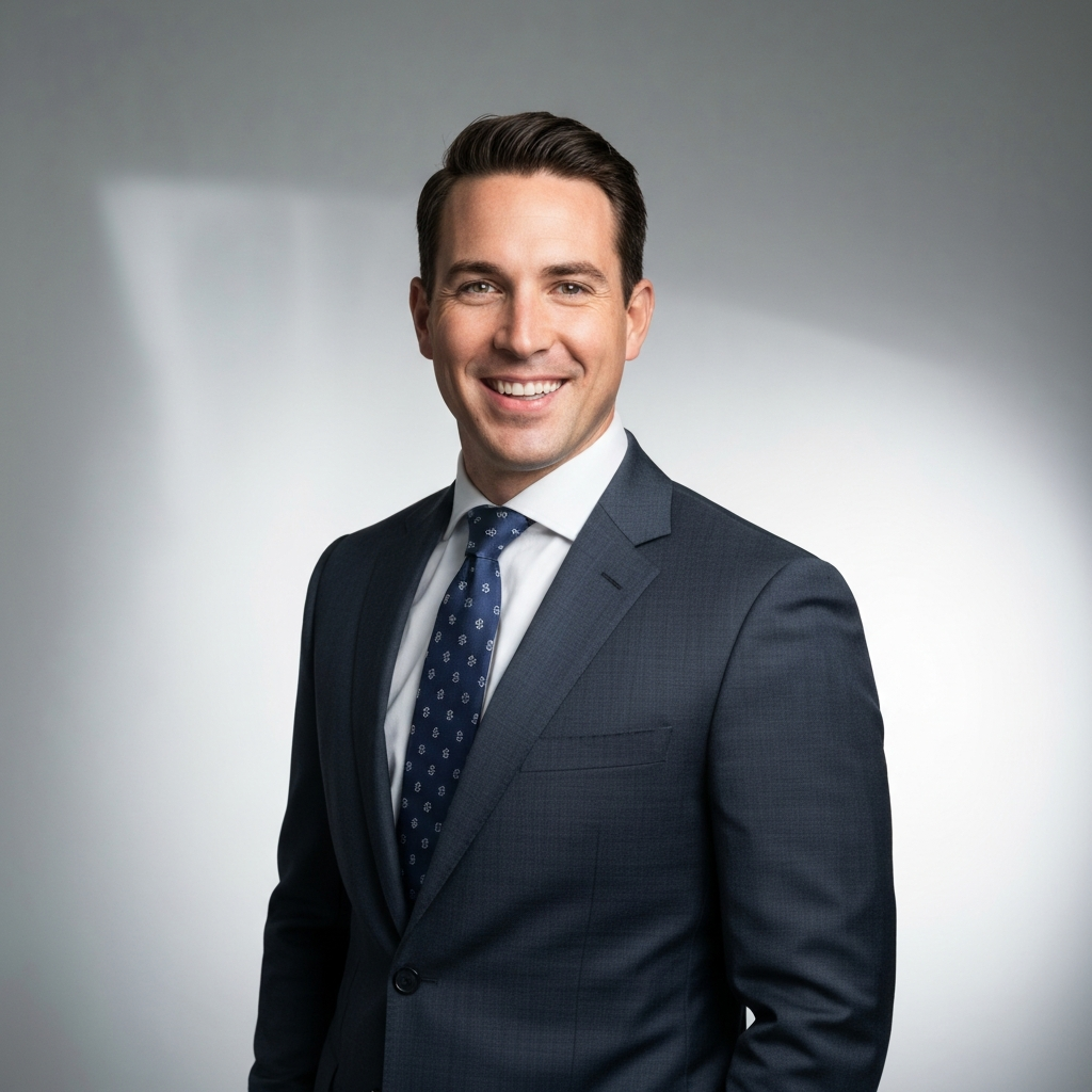 A brightly lit studio portrait of a man around 5'7" tall. He is well-dressed in a tailored suit, smiling confidently at the camera. The background is a soft, blurred gray. The lighting emphasizes the texture of the suit fabric.