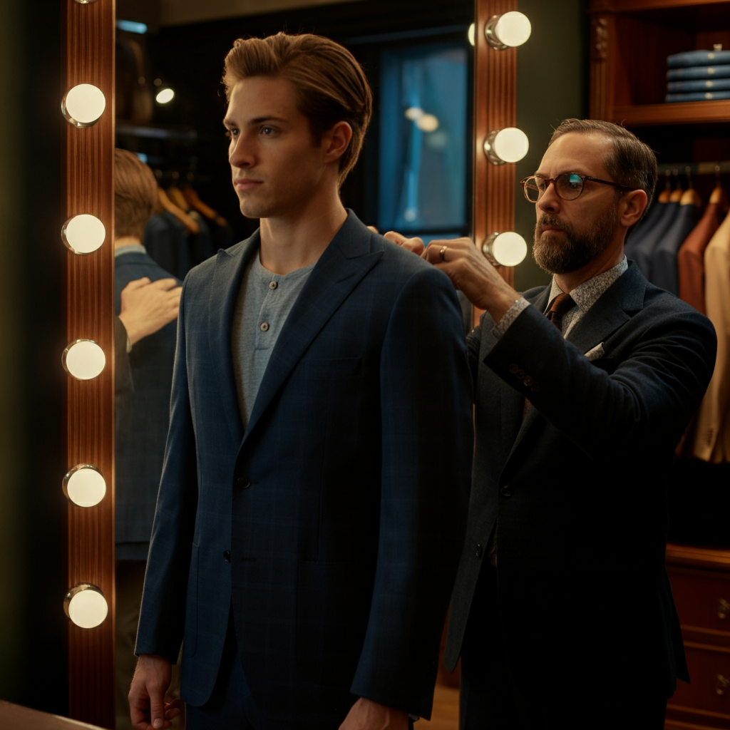 A high-end men's clothing store. A man around 5'8" is standing in front of a mirror, trying on a tailored blazer. A professional stylist is assisting him, adjusting the fit. The lighting is bright and focused, showcasing the details of the clothing.