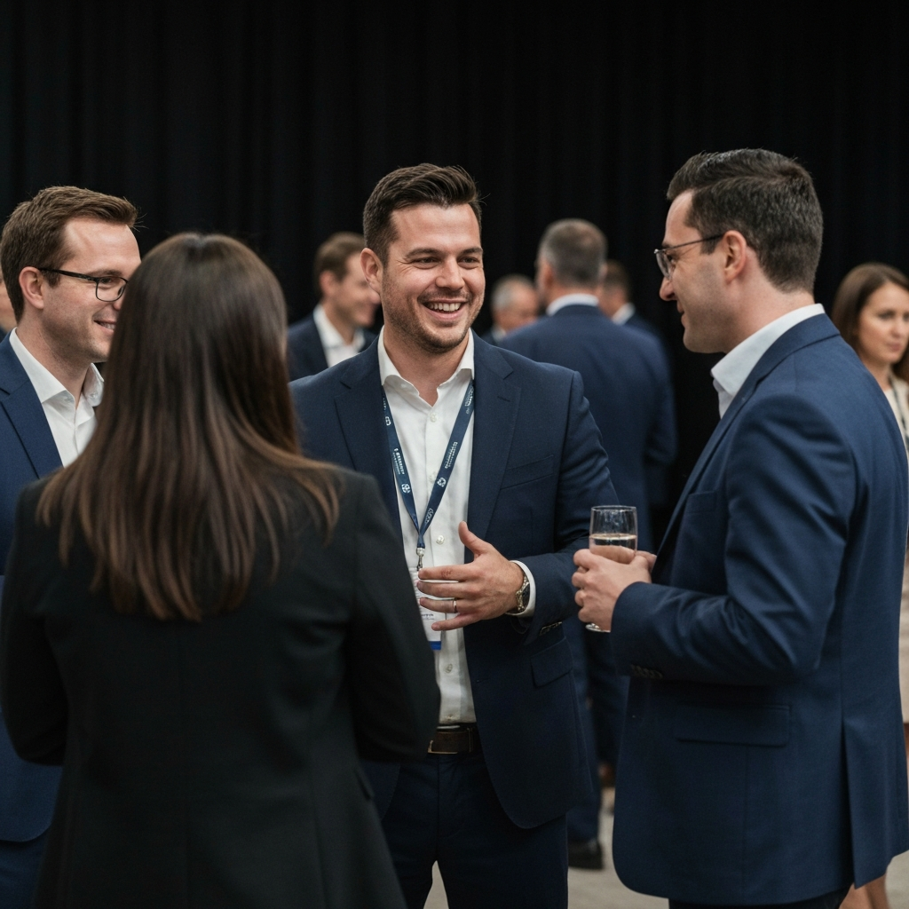 A lively networking event. A man of shorter stature is confidently engaged in a conversation with a group of people. His body language is open and engaging, and he is smiling. The scene is well-lit, capturing the energy and excitement of the event.