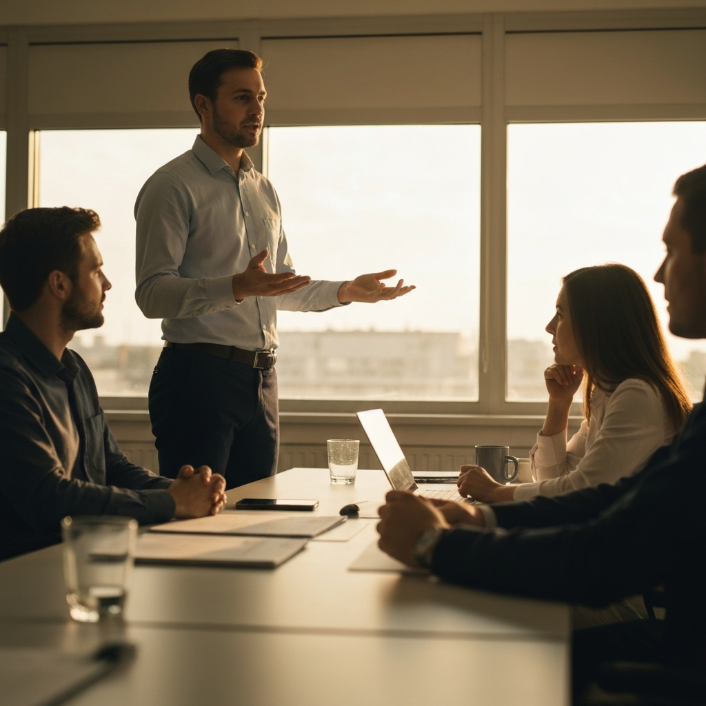 A sunlit office space. A man around 5'6" is leading a team meeting, gesturing confidently as he speaks. The atmosphere is collaborative and productive. Soft golden hour lighting streams through the windows.