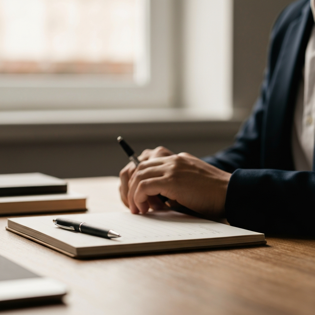 A close-up, side-lit shot of a notebook and pen on a wooden desk. Soft bokeh effect blurs the background. Natural light filters in from a nearby window, highlighting the texture of the paper.