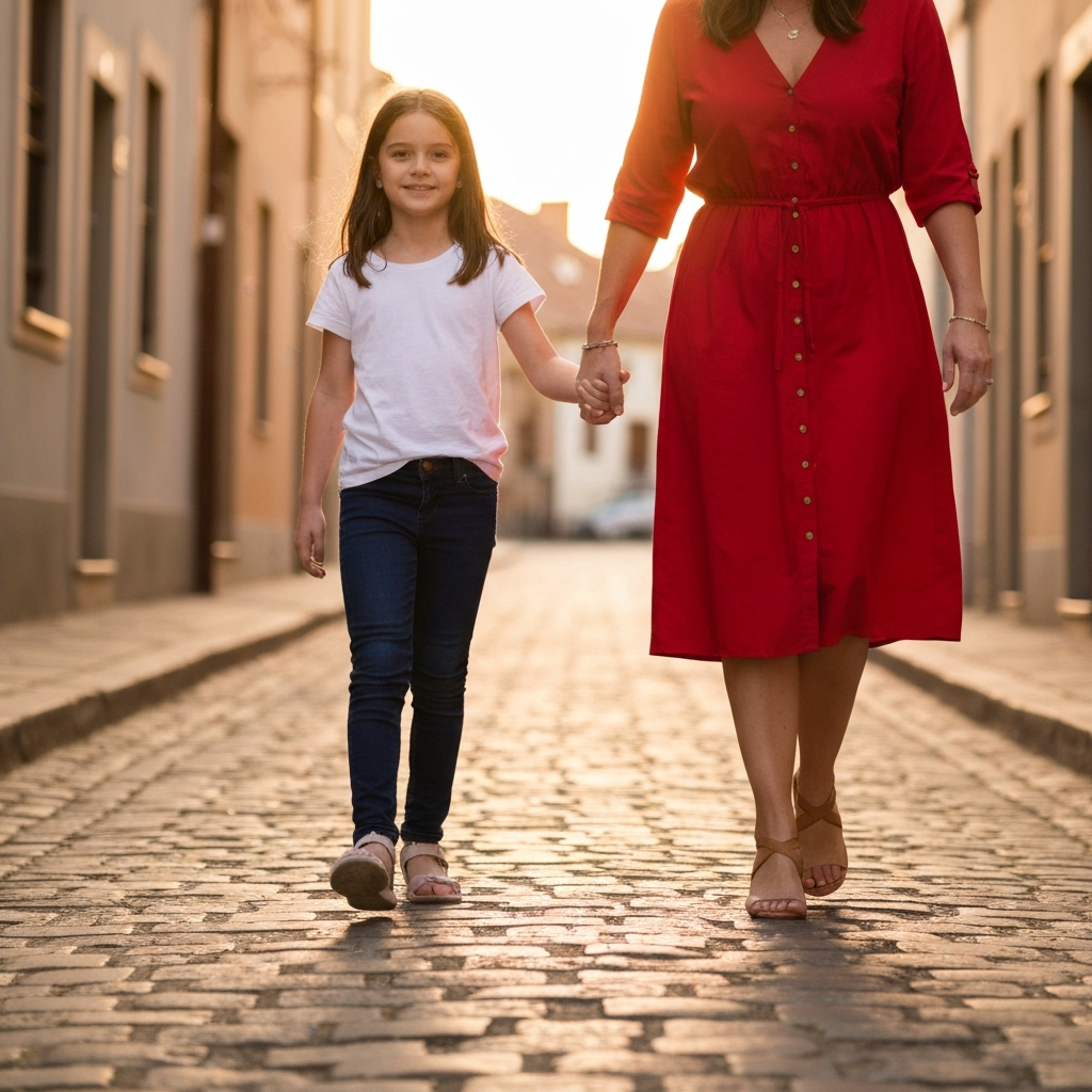 A mother and daughter holding hands walking down a cobblestone street. Golden hour lighting. Shallow depth of field emphasizing the textures of their hands.