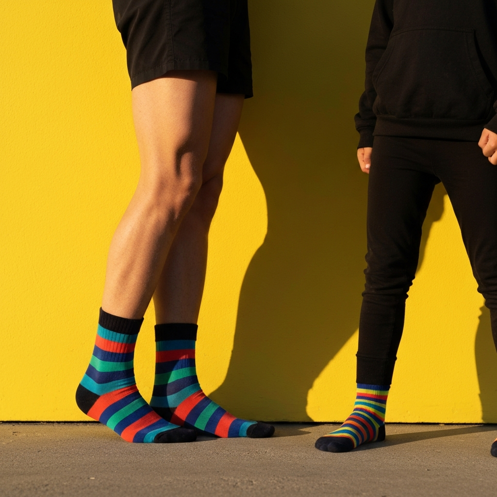 Two pairs of legs in colorful socks standing side-by-side against a bright yellow wall. One pair is adult-sized, the other child-sized. Focus on the texture and patterns of the socks.