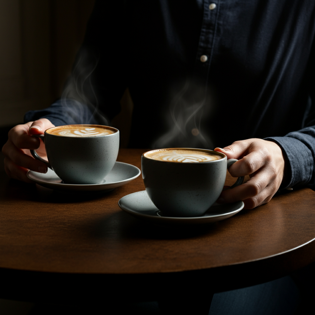 Two cups of coffee side-by-side on a table, with hands visible holding the cups. Soft lighting from a window. Focus on the steam rising from the coffee and the texture of the mugs.