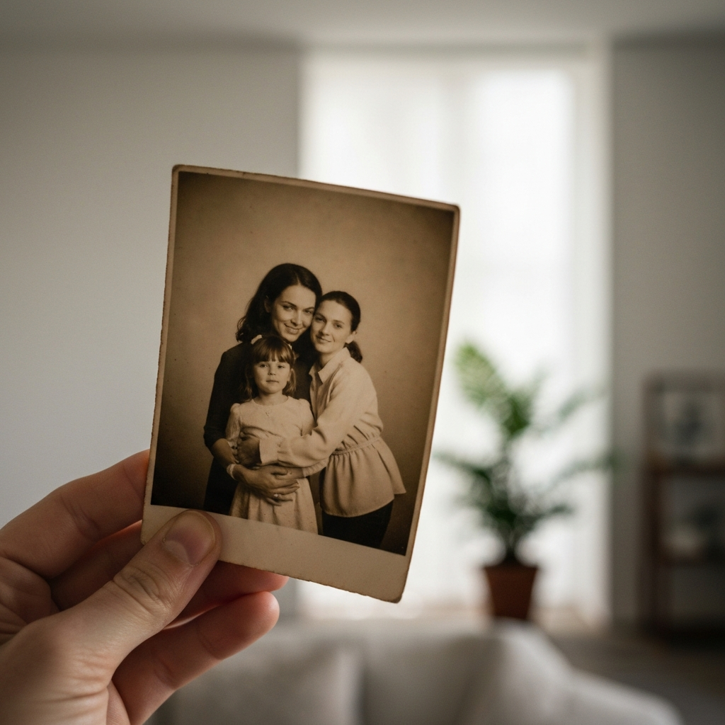 A faded photograph of a mother and daughter, slightly out of focus, held in a hand. Soft, warm lighting. Focus on the textures of the old photo and the lines on the hand holding it.