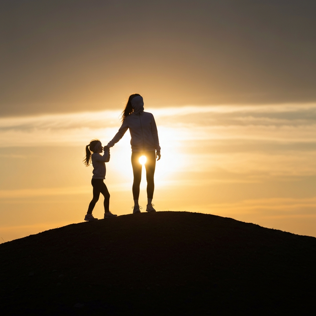 A mother and daughter standing on top of a hill, silhouetted against a bright sunset. Focus on the shapes of their figures and the vibrant colors of the sky.