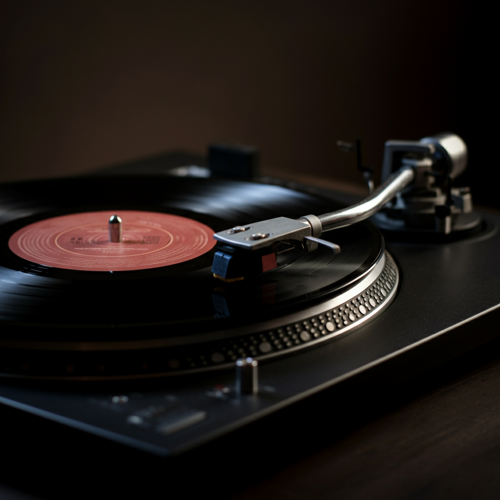 A vinyl record spinning on a turntable. Soft, ambient lighting. Focus on the texture of the record and the details of the turntable.