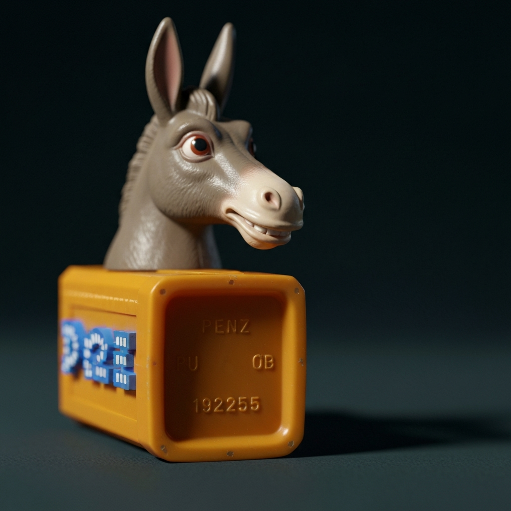 Close-up shot of a vintage PEZ dispenser with a donkey head, side-lit with soft shadows, showcasing the texture of the plastic and the faded colors. Focus is on the base of the dispenser revealing the patent number.