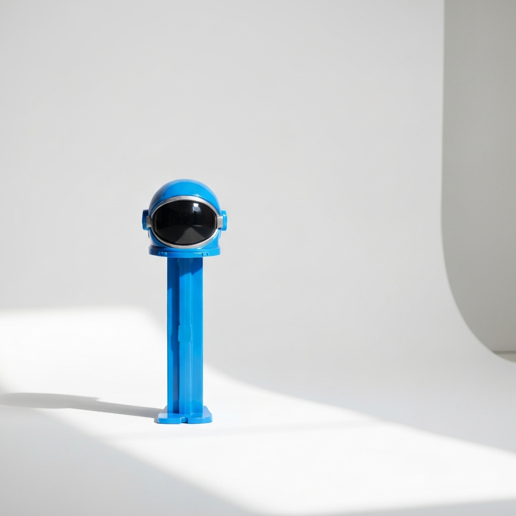 A professional photographer's studio setup, showing a blue astronaut PEZ dispenser on a white background, illuminated with diffuse lighting to highlight the astronaut's helmet.