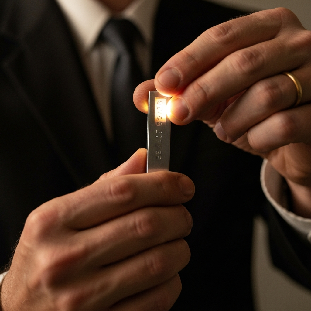 An expert's hands carefully holding a vintage PEZ dispenser, with a focused beam of light highlighting the patent number etched onto the side of the stem. The background is slightly blurred, drawing attention to the number.