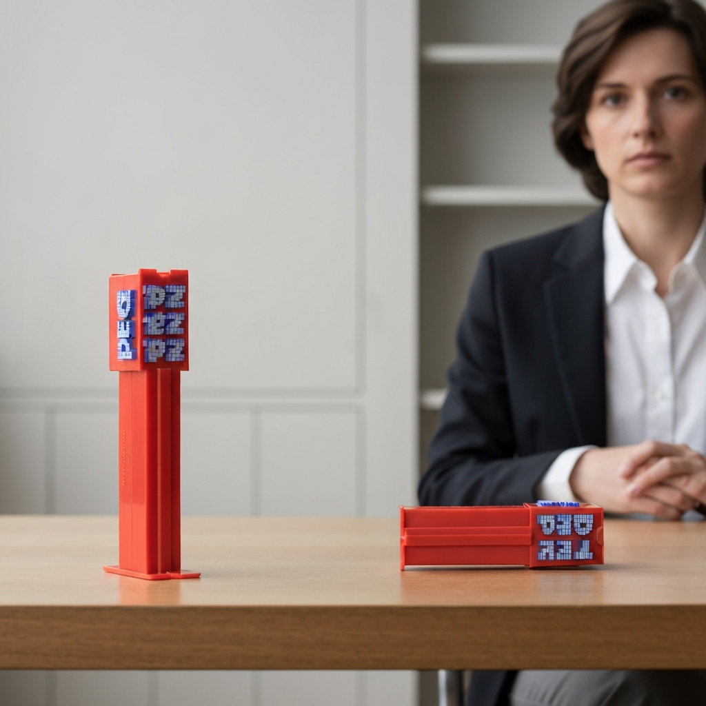 A comparison shot of two PEZ dispensers: one "footed" dispenser standing upright on a table, and a "footless" dispenser lying on its side. The focus is on the base of the dispensers, highlighting the presence or absence of the "feet."