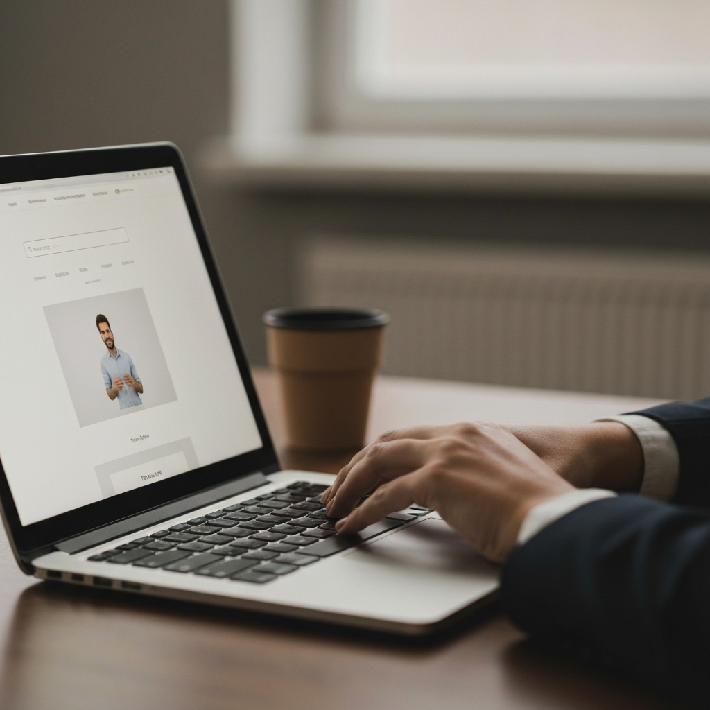 A hand using a laptop, soft focus on the screen showing a clean, user-friendly website interface with a search bar at the top. The room is softly lit.