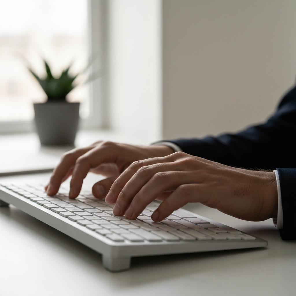 Close-up on a person's hands typing on a keyboard. Soft lighting highlights the texture of the keyboard and the fingers.
