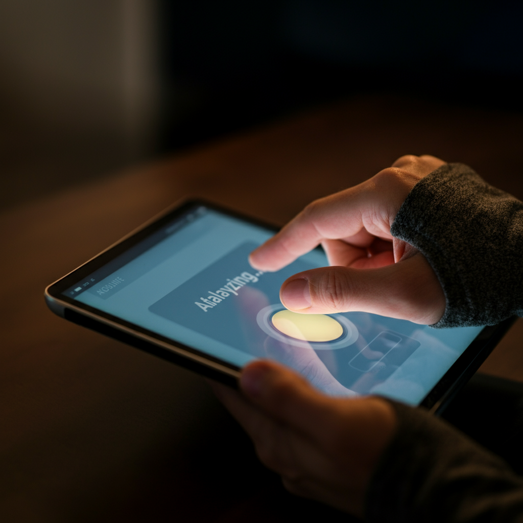 A hand gently clicking a large, brightly colored button on a tablet screen. The screen displays a message like "Analyzing..." The background is slightly blurred, creating a sense of depth.