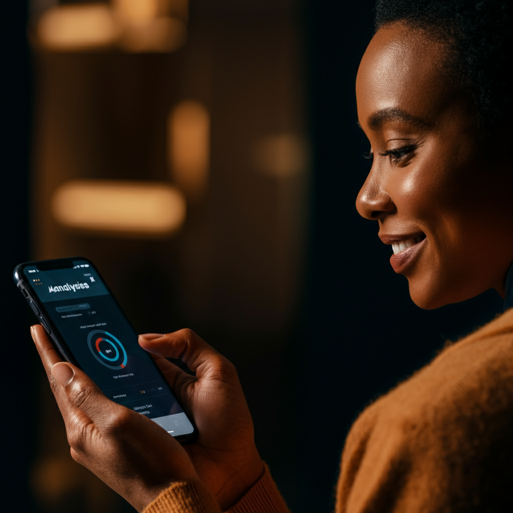 A person with a warm, genuine expression, looking at a phone screen showing the results of the analyzer. Soft, golden hour lighting illuminates their face.