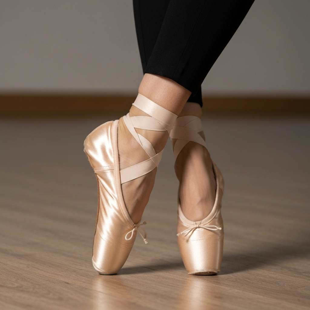 Close-up shot of ballet shoes in first position, demonstrating proper turnout. Soft, even lighting, highlighting the satin texture of the shoes. The wooden floor has subtle grain.