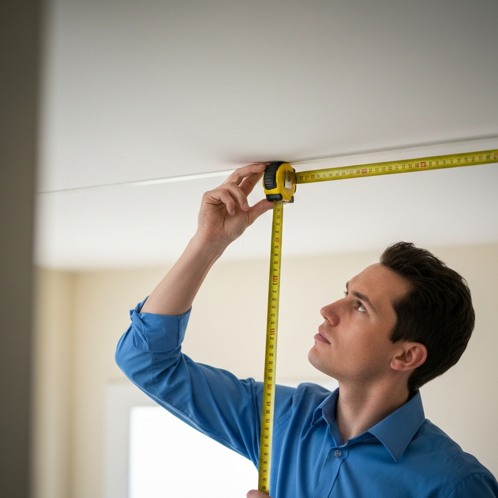 A brightly lit room, a person in a blue shirt carefully measuring the ceiling with a yellow tape measure. Soft bokeh effect on the background, focusing on the tape measure and ceiling junction.