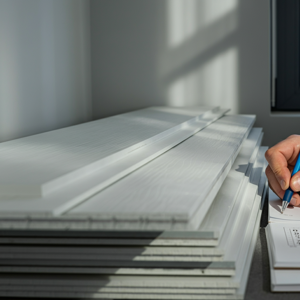 Close-up shot of a hand writing calculations in a notebook, next to several plastic ceiling panels stacked neatly against a wall. Natural daylight coming in from a nearby window, side-lighting the texture of the panels.