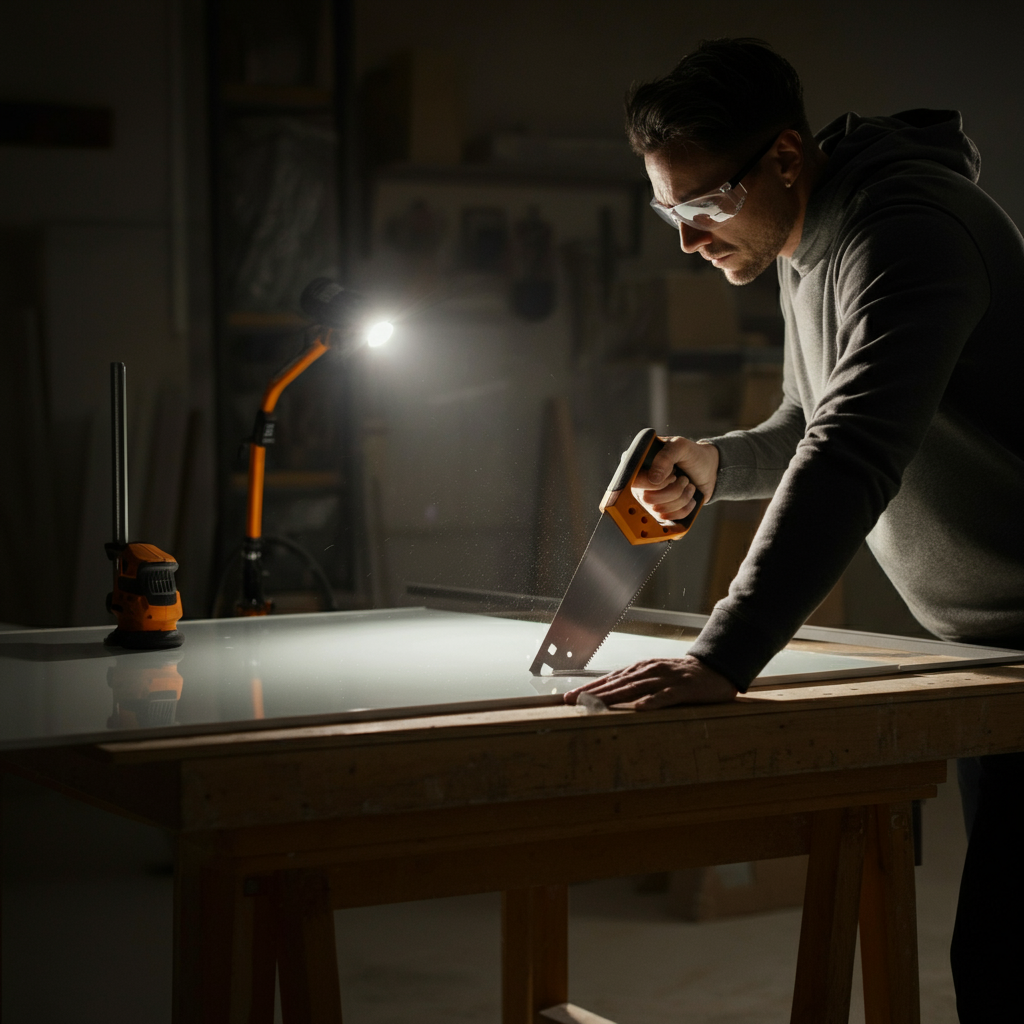 A person wearing safety glasses using a fine-toothed saw to cut a plastic ceiling panel on a workbench. The panel is securely clamped, and a bright work light illuminates the cutting area.