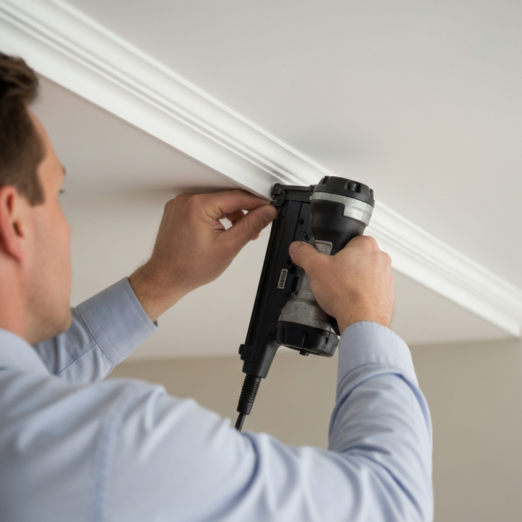 A person installing white plastic trim along the edge of a ceiling. Using a nail gun. Soft focus background.